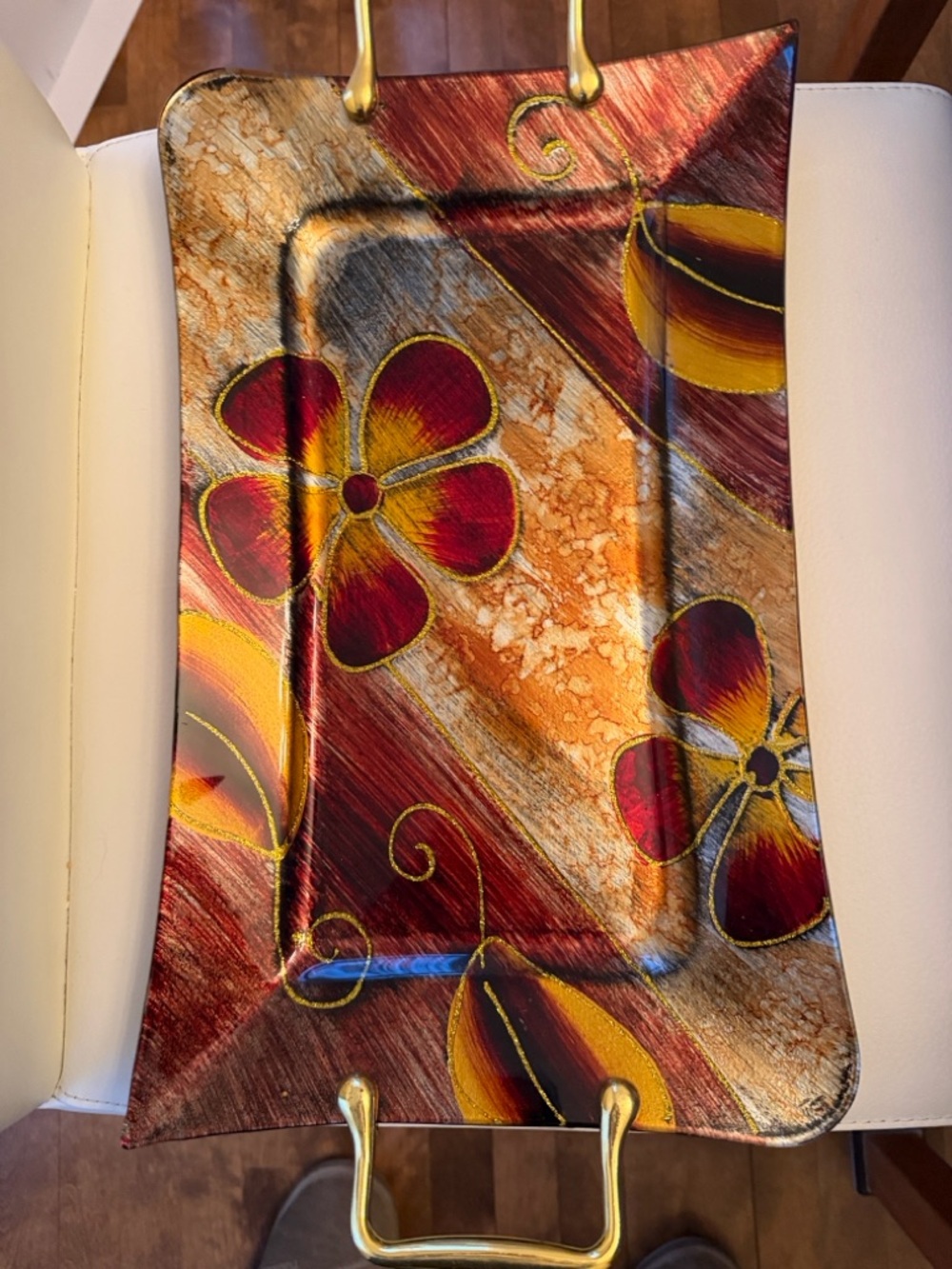 Decorative Floral Rectangular Tray in Burgundy, Gold and Brown